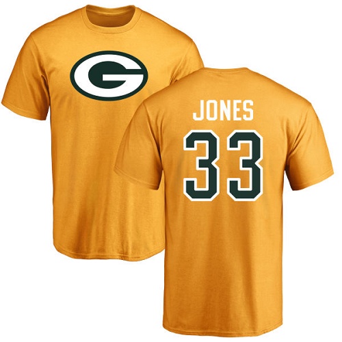 Men Green Bay Packers Gold #33 Jones Aaron Name And Number Logo Nike NFL T Shirt->green bay packers->NFL Jersey